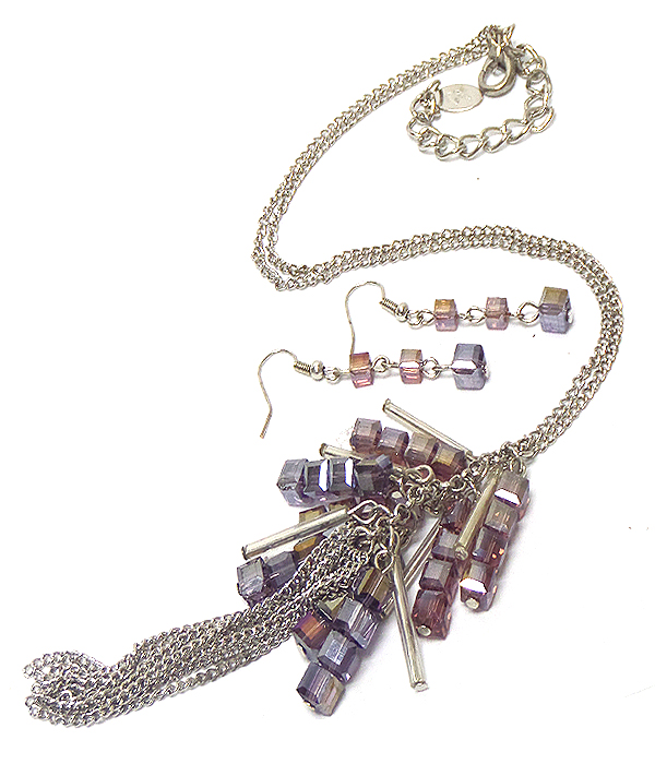 Glass cube and metal tassel drop long necklace set