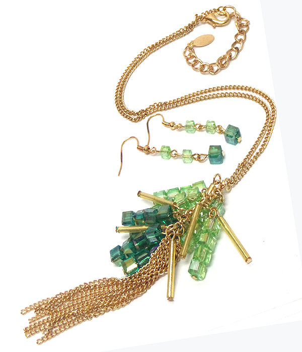 Glass cube and metal tassel drop long necklace set