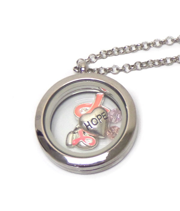 Origami style floating pink ribbon charms inside locket pendant necklace - breast cancer awareness