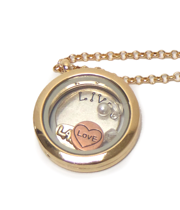 Origami style floating love charms inside locket pendant necklace