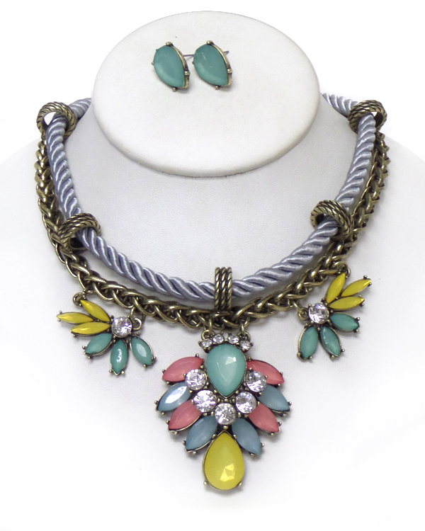 Crystal flower and rope chain necklace set
