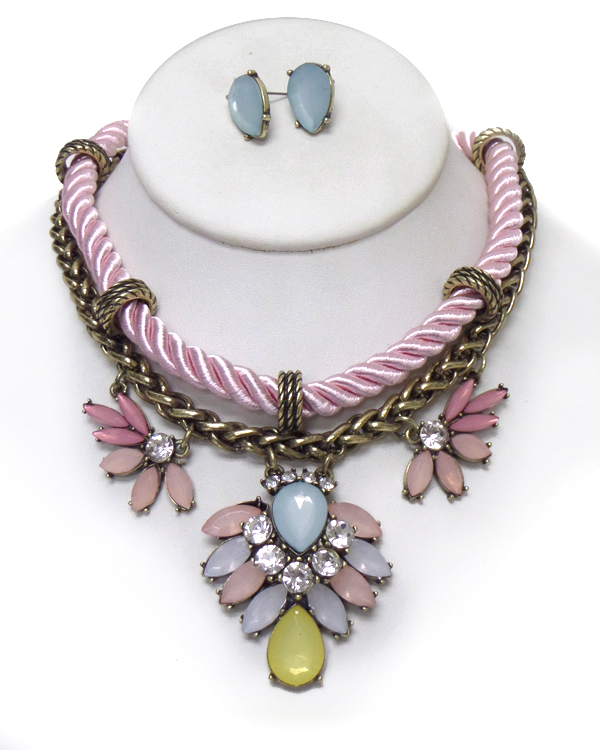Crystal flower and rope chain necklace set