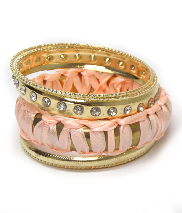 Crystal and fabric wrap multi stackable bangle bracelet set of 6
