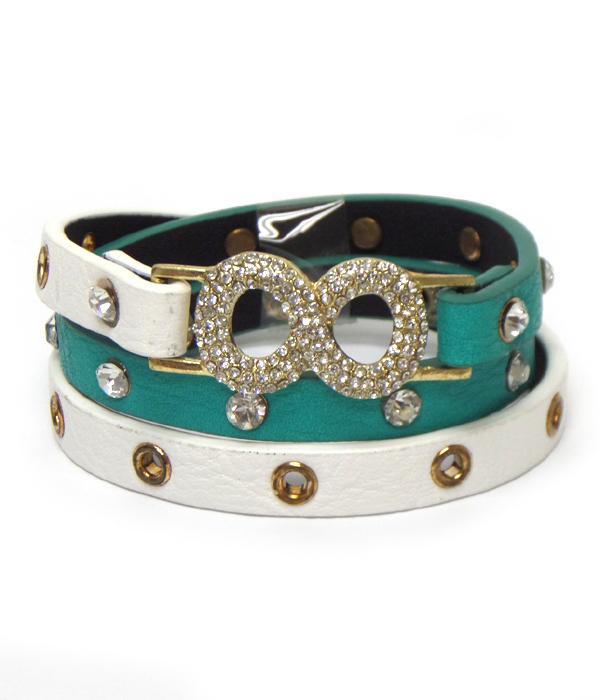 Crystal infinity dual tone triple wrap leatherette bracelet