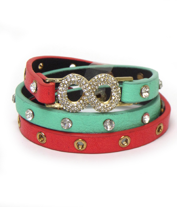Crystal infinity dual tone triple wrap leatherette bracelet