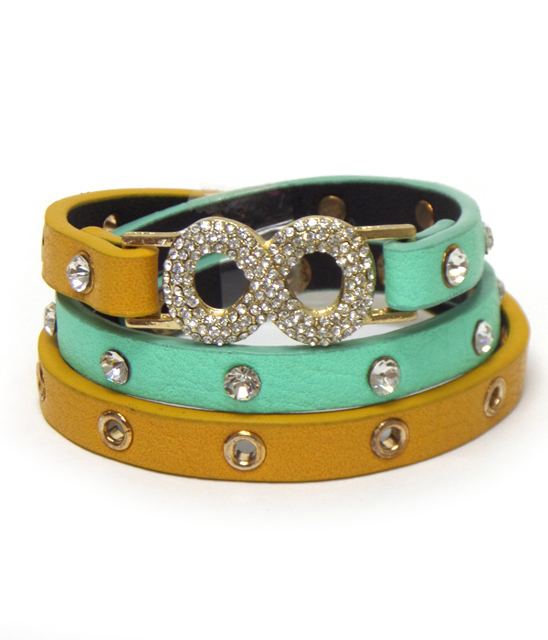 Crystal infinity dual tone triple wrap leatherette bracelet
