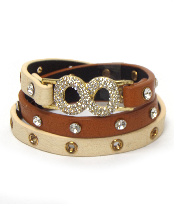 Crystal infinity dual tone triple wrap leatherette bracelet