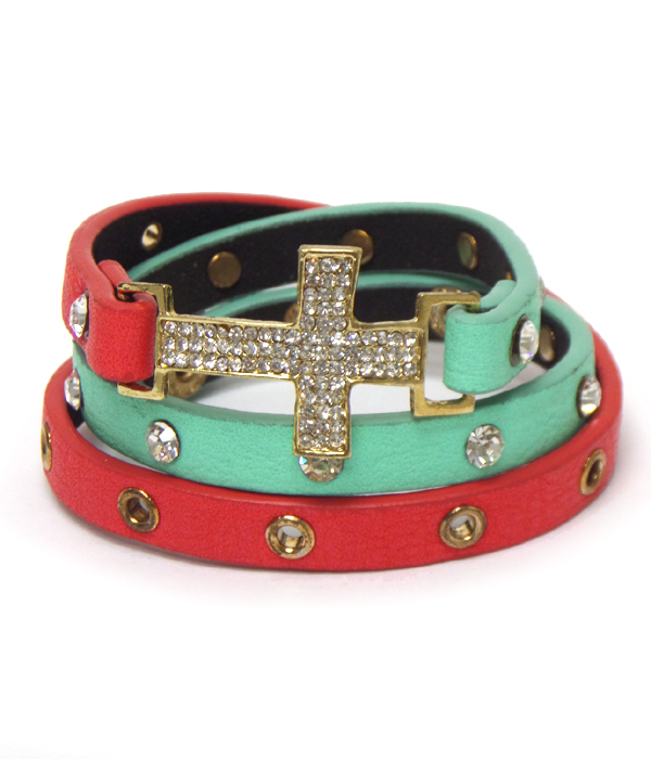 Crystal cross dual tone triple wrap leatherette bracelet