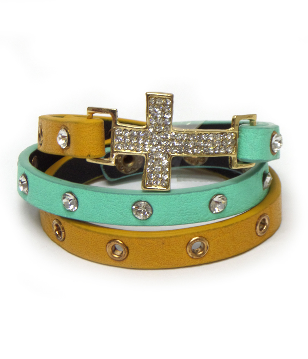 Crystal cross dual tone triple wrap leatherette bracelet