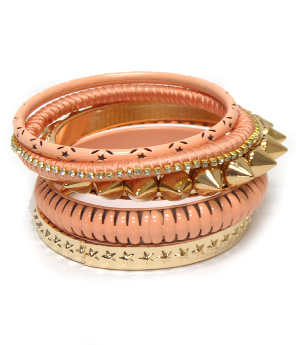 Crystal and spike multi style stackable bangle bracelet set of 5
