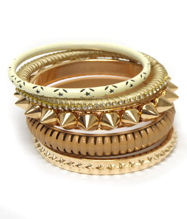 Crystal and spike multi style stackable bangle bracelet set of 5