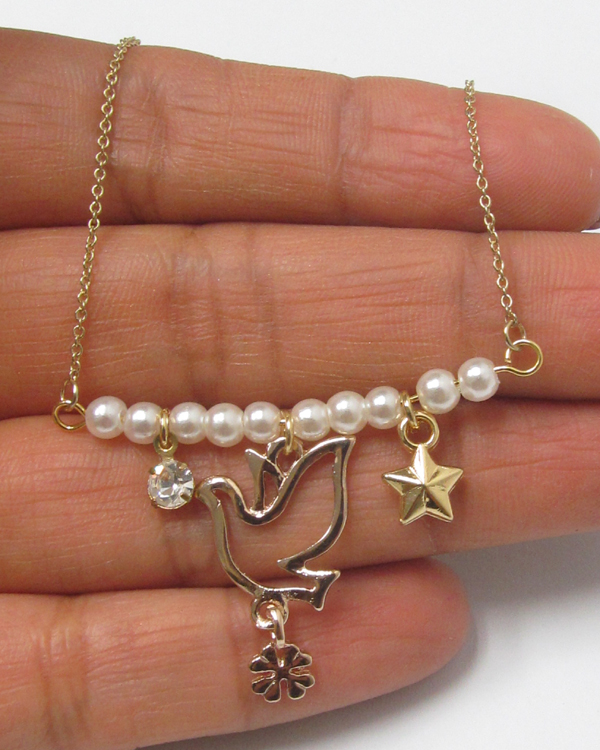 Electro plating and crystal and pearl and peace theme necklace