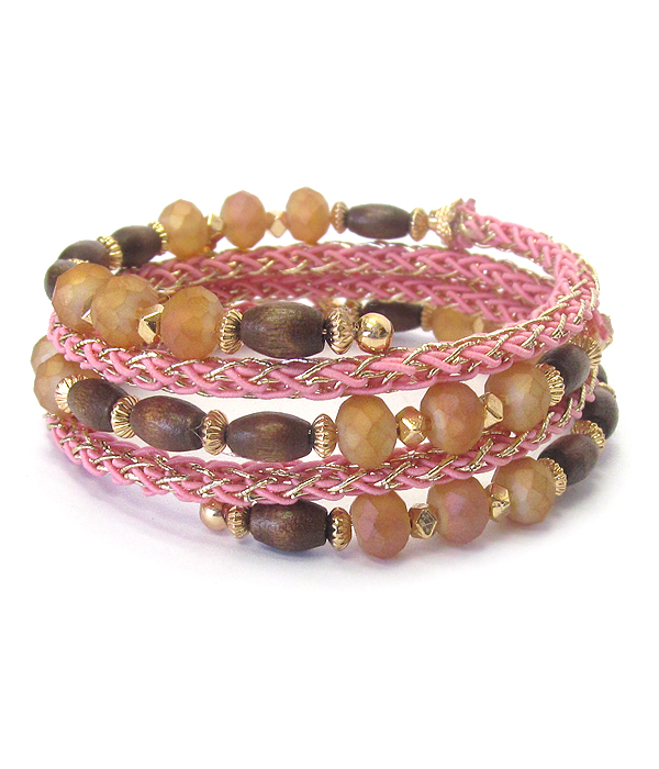 Multi wood and facet glass bead mix crochet coiled bracelet