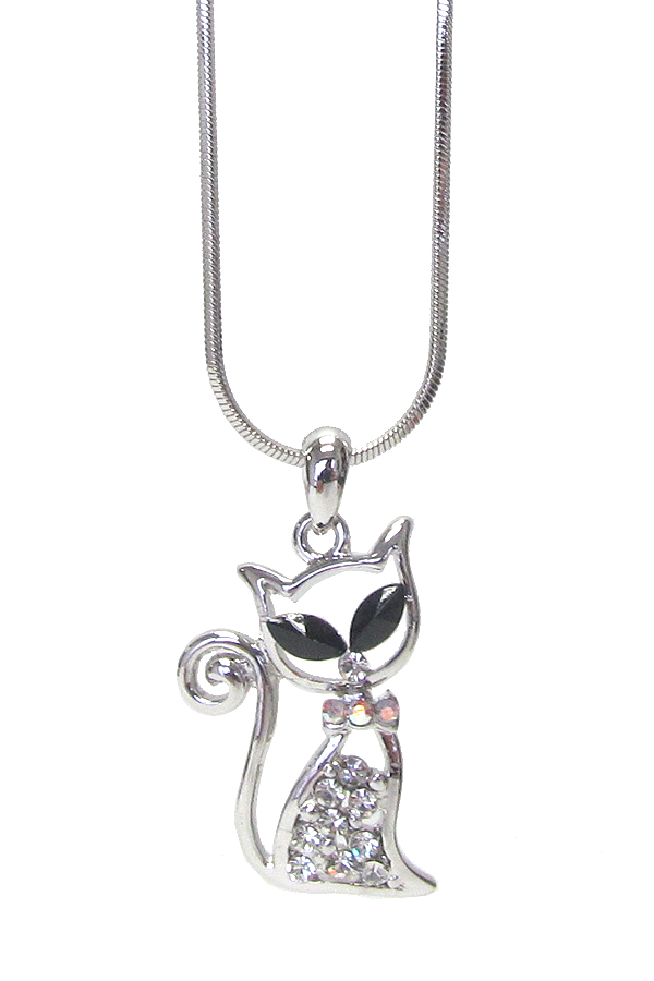 WHITEGOLD PLATING CRYSTAL CAT PENDANT NECKLACE