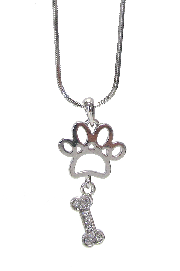 Made in korea whitegold plating crystal paw and bone pendant necklace