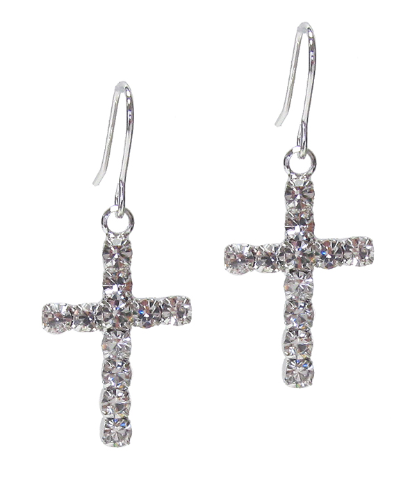 WHITEGOLD PLATING CUBIC ZIRCONIA CROSS EARRING