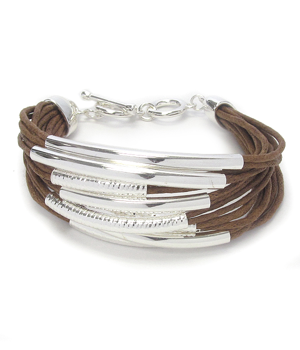 Multi metal tube and suede chain toggle bracelet