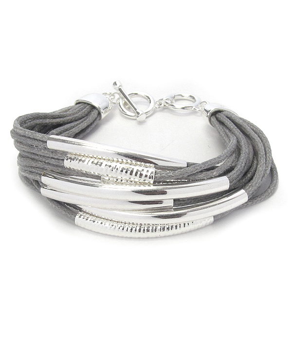 Multi metal tube and suede chain toggle bracelet