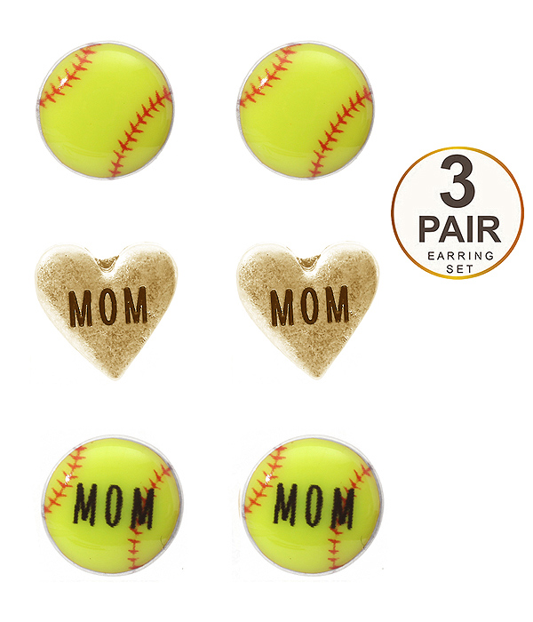 SPORT THEME 3 PAIR EARRING SET - BASEBALL