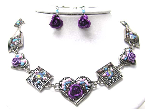Crystal and beads flower art deco necklace earring set