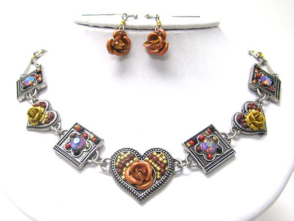 Crystal and beads flower art deco necklace earring set
