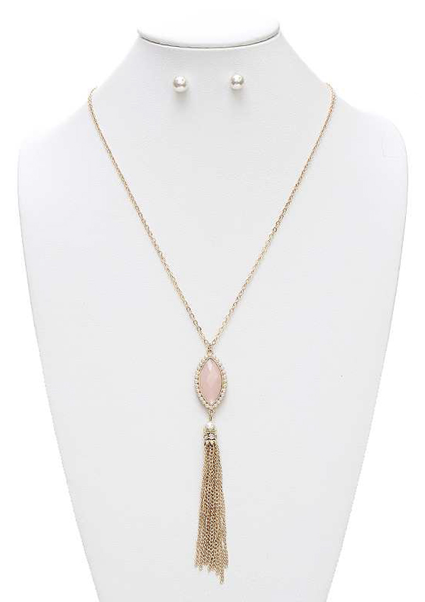 Opalic stone and tassel drop necklace set