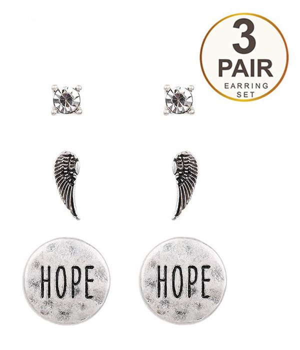 Religious inspiration 3 pair earring set - angel wing hope