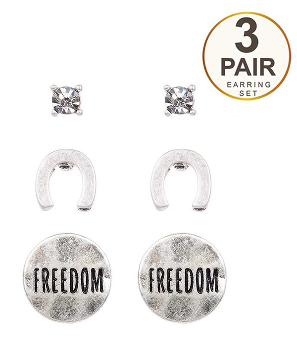 Lucky theme 3 pair earring set - horseshoe freedom