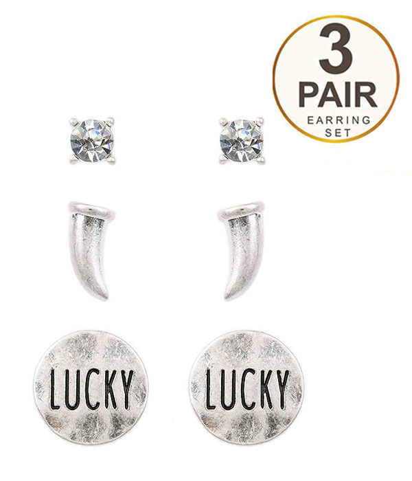 LUCKY THEME 3 PAIR EARRING SET - HORN LUCKY