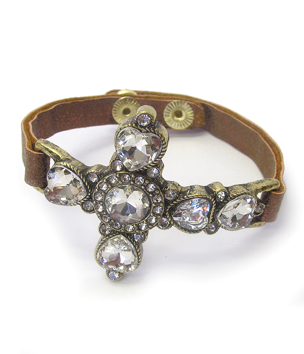 CRYSTAL CROSS LEATHERETTE BAND BRACELET