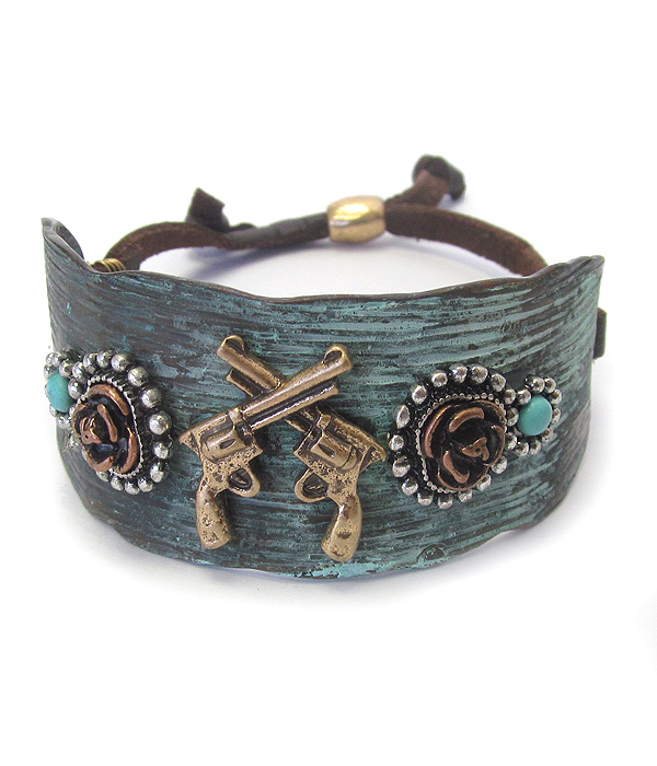 Textured chunky metal and suede pull tie bracelet - guns and roses