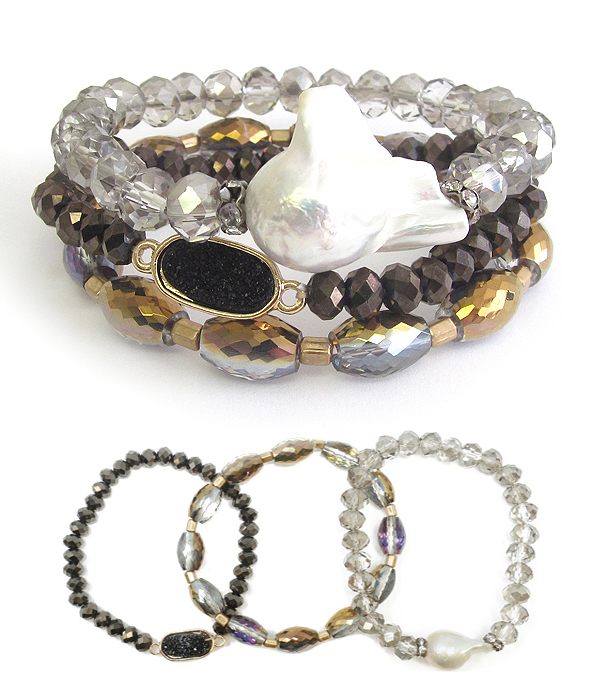 Baroque pearl and semi precious stone 3 stretch bracelet set