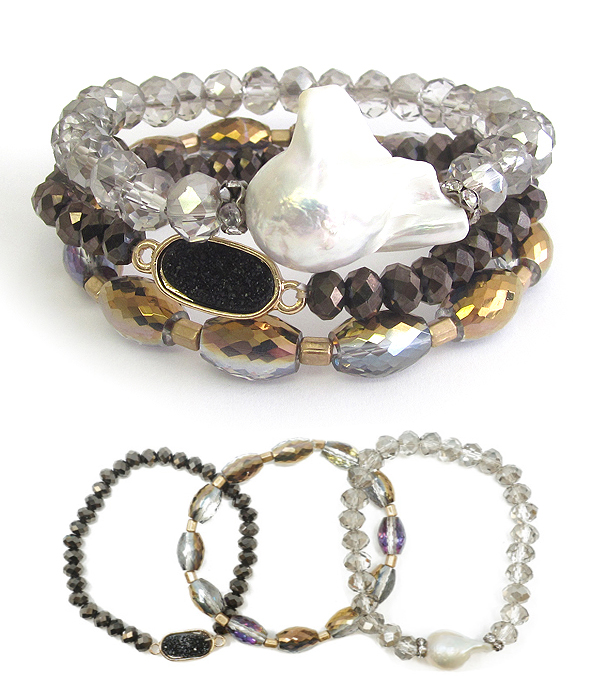 BAROQUE PEARL AND SEMI PRECIOUS STONE 3 STRETCH BRACELET SET