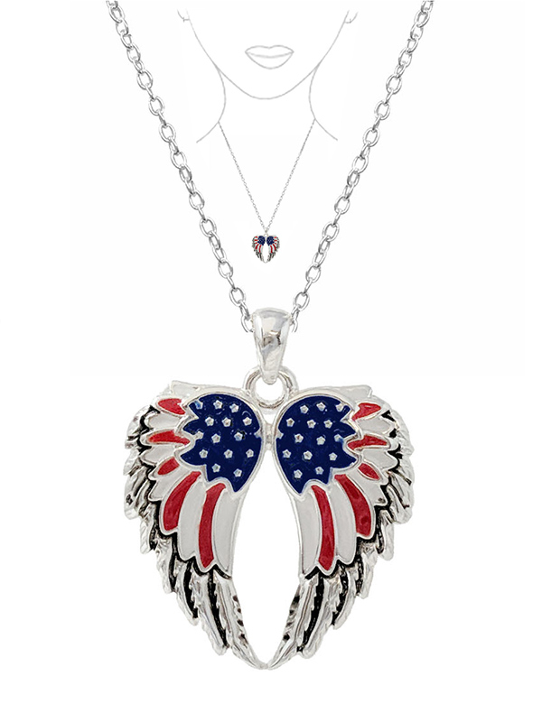 Patriotic theme american flag double angel wing necklace