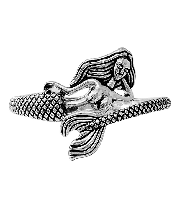 SEALIFE THEME ANTIQUE SILVER HINGE BANGLE BRACELET - MERMAID