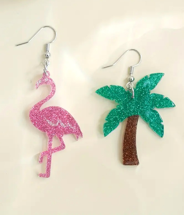 Tropical theme acrylic earring - palm tree flamingo
