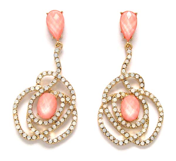 Crystal metal textered flower with two acryl stone drop earring