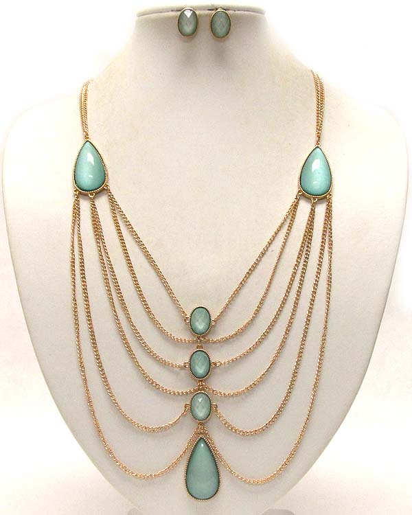 Multi glass stone and drop conetted multi chain necklace earring set earring