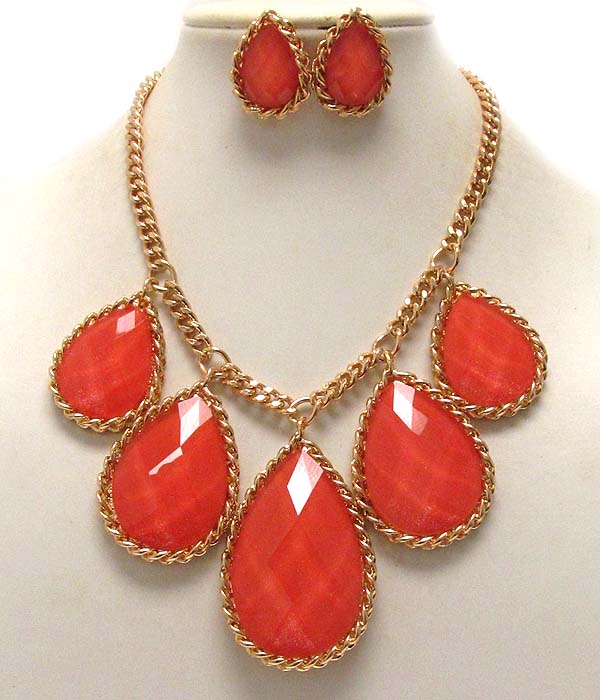 Five tear drop glass stone drop chain necklace earring set earring