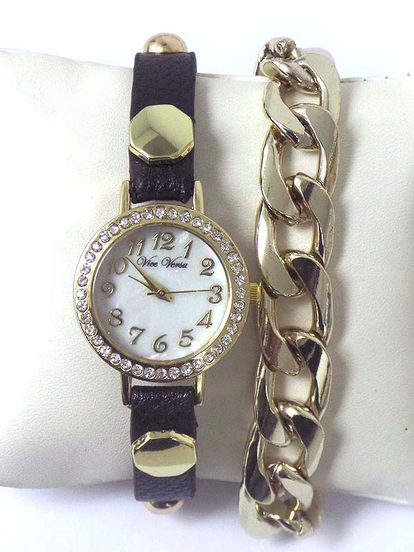 Leather and chain mix band and mop and crystal face wrap watch