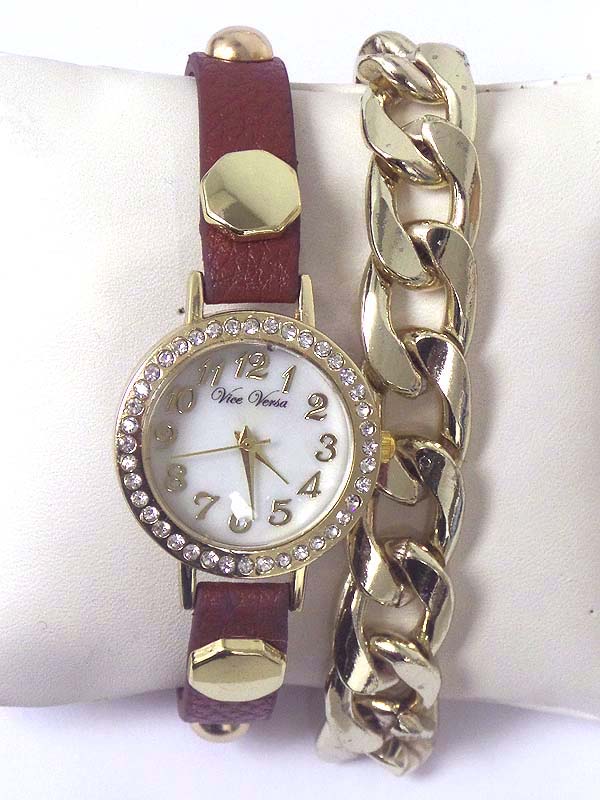 Leather and chain mix band and mop and crystal face wrap watch