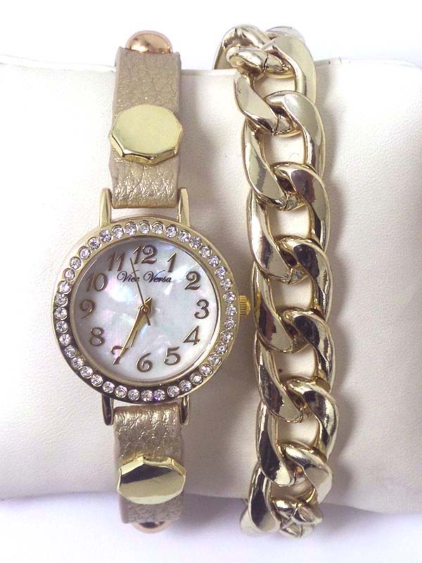 Leather and chain mix band and mop and crystal face wrap watch