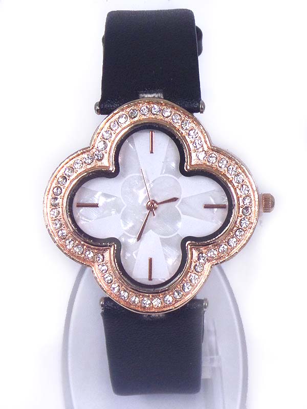 Mop and crystal face leather band watch