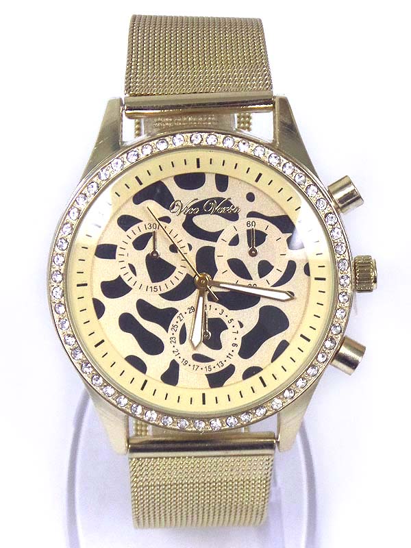 Crystal and animal print face and metal mesh band watch
