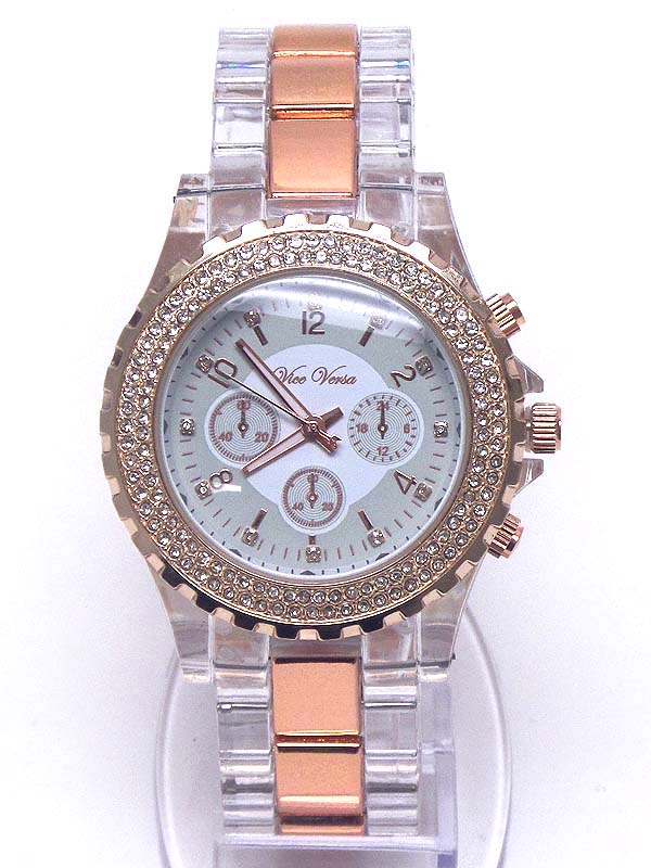 Crystal dial designer look acryl and metal band watch