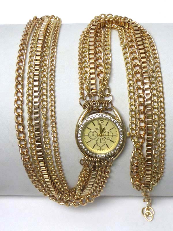 Multi row mixed brass metal chain wrap watch
