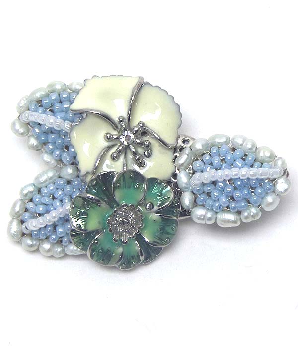 Enamel flower and seed beads handmade style flower bouquet brooch