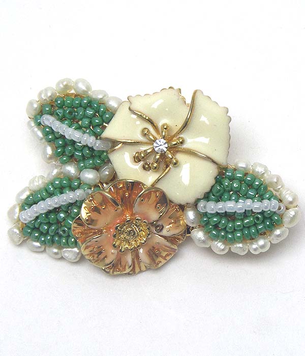 Enamel flower and seed beads handmade style flower bouquet brooch