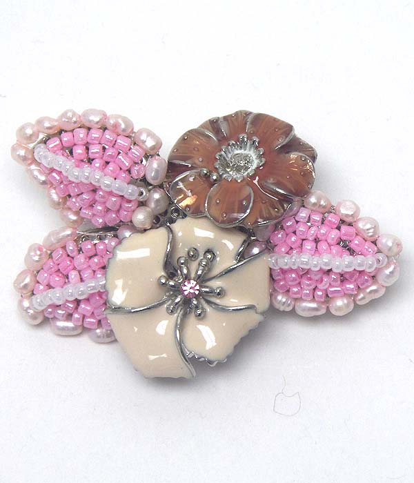 Enamel flower and seed beads handmade style flower bouquet brooch