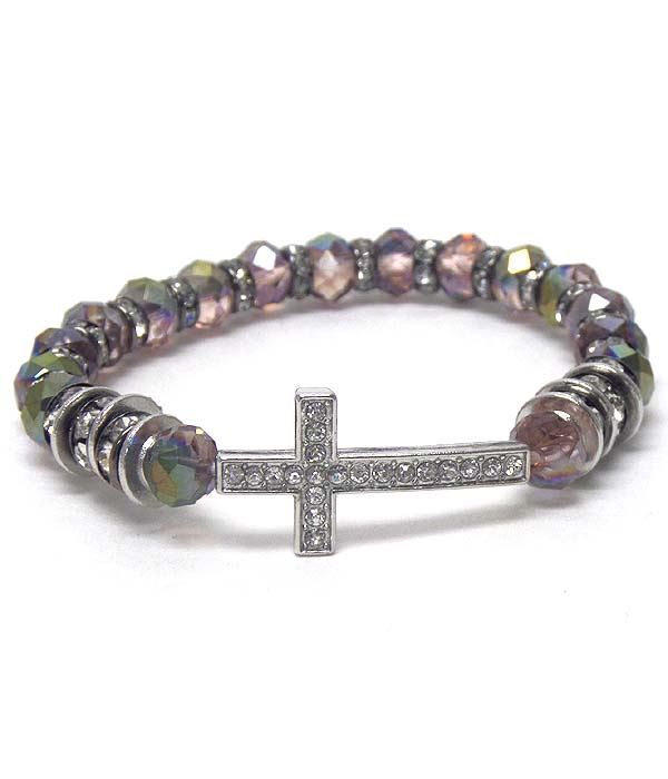 Crystal cross and crystal rondelle and glass bead stretch bracelet